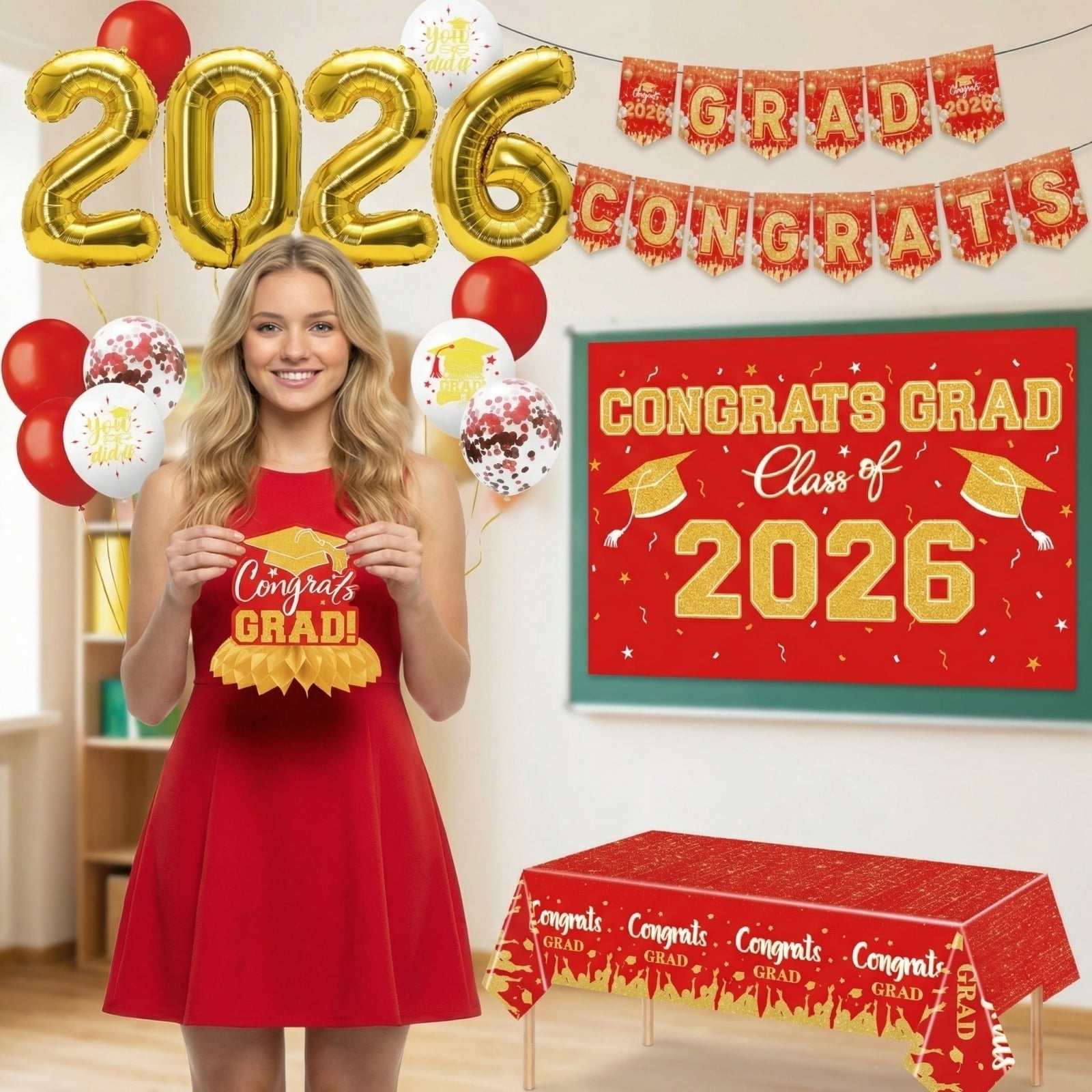 Graduation Decorations 2026, Graduation Party Supplies, Red and Gold Balloons, Gold Confetti Balloons, Congrats Grad 2026 Banner, 14 Pc Kit, Graduation Cap Decorations, Graduation