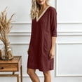 thumbnail image 6 of Vetsdori Women's Solid Color V-Neck Lace 3/4 Sleeve Linen Shift Dress Casual Flowy Summer, 6 of 9