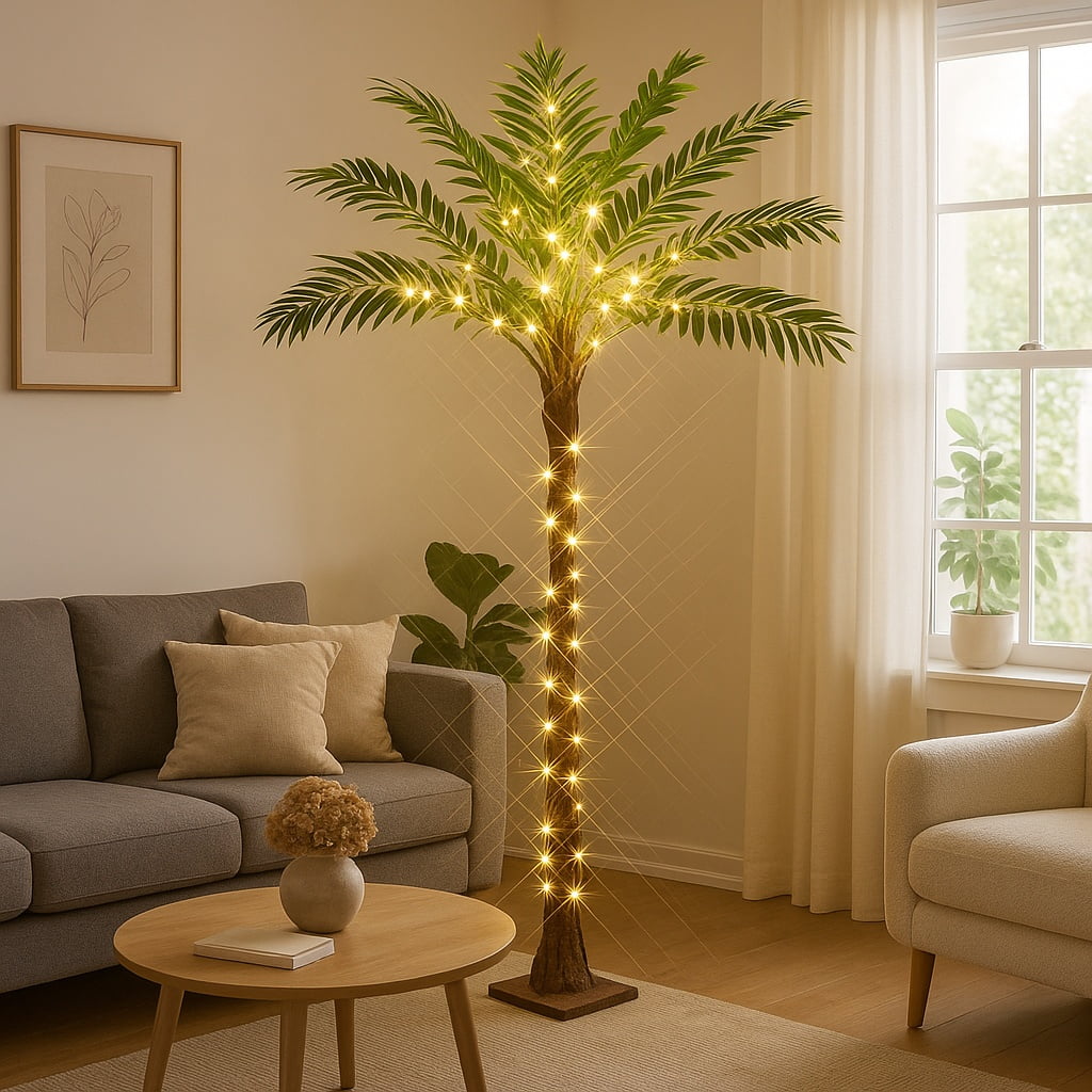 Lighted Artificial Palm Tree 6FT Fairy Lights, Faux Plant Tree with Lights, Artificial Silk Palm Tree Plant, Fake Tropical Plant, Home Office Floor Room Decor Plants Indoor Outdoor, Housewarming Gift