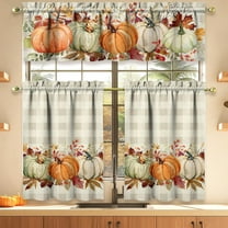 Fall Thanksgiving Kitchen Curtains Valances and Tiers 3 Piece Set,Orange,White,Green,Pumpkin & Maple Leaf Cute Farmhouse Rod Pocket Kitchen Cafe Curtain over Sink Window for Autumn Decor 36 Inch