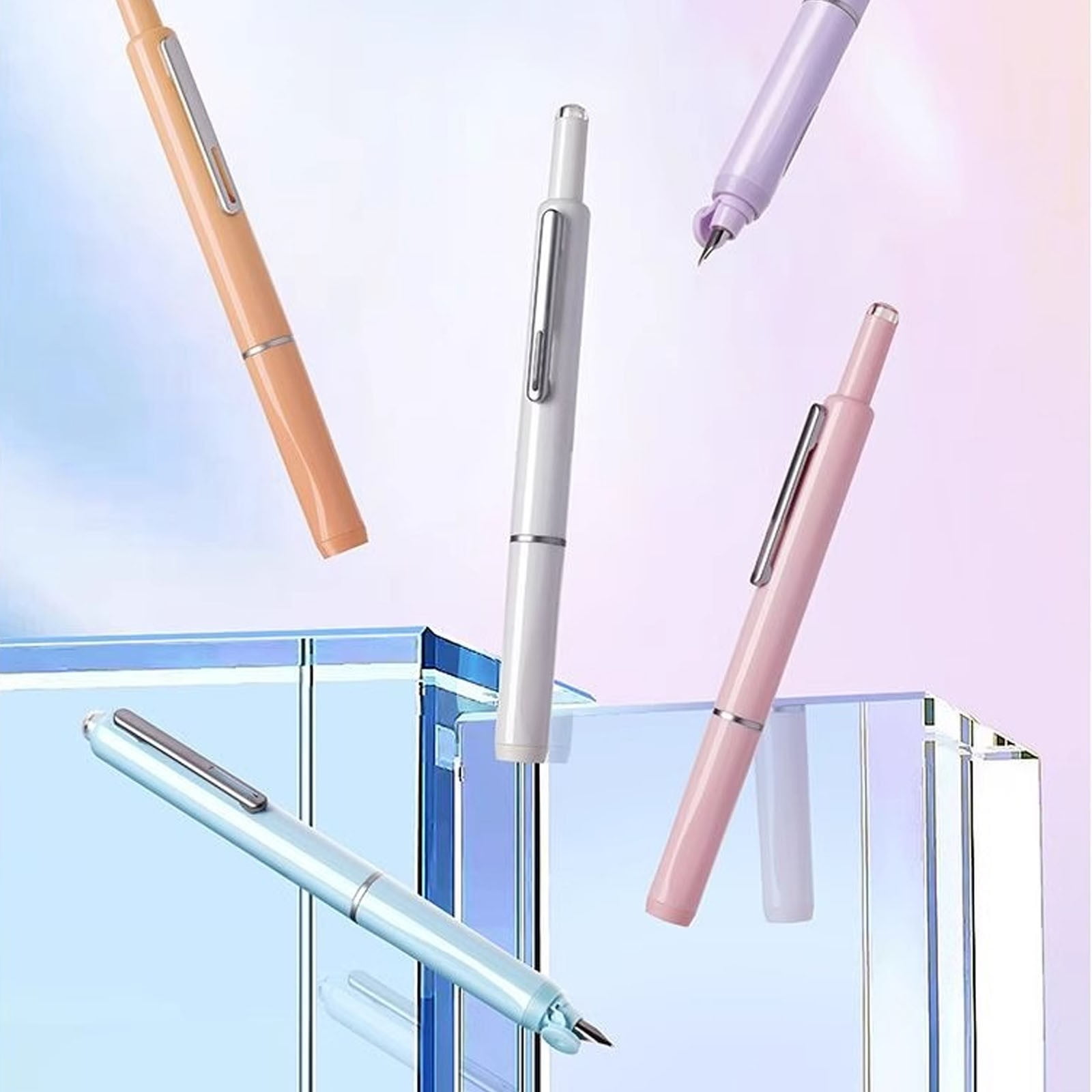 Retractable Fountain Pen 0.015 Inch Nib Transparent Barrel Smooth Writing Pen with Ergonomic Grip Refillable Ink Cartridges for Work Note Taking