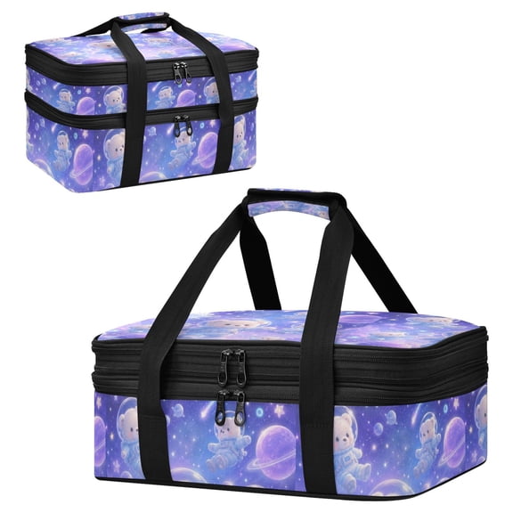 Large Double Decker Insulated Casserole Carrier Expandable 2-Layer Thermal Food Tote Bag Dreamy Space Teddy Bears Hot Cold Pizza Lasagna Holder for Potluck Picnic Party Camping