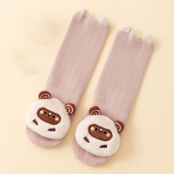 GUZOM Girls Kids Socks 1-5 Years, Pink Non-Slip Cotton Mid-Calf Socks with 3D Cartoon Animal, Soft Breathable Kids Socks (1 Pair),Size S