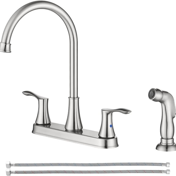 8 Inch Two Handles High Arch Kitchen Sink Faucet with Side Sprayer & Supply Lines, Brushed Nickel