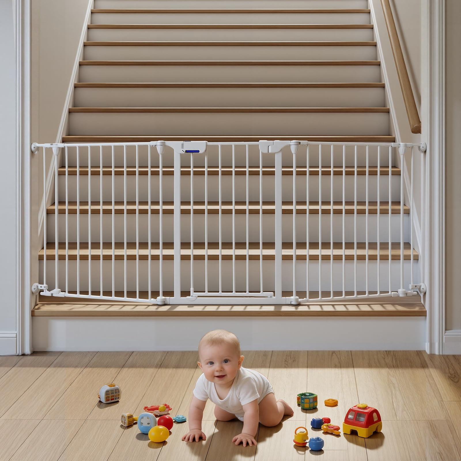 Collapsible Metal Baby Safety Gate – 29" Tall, Playpen with Lockable Door, Adjustable Portable Pet & Child Barrier for Doors – White, 5 Panels