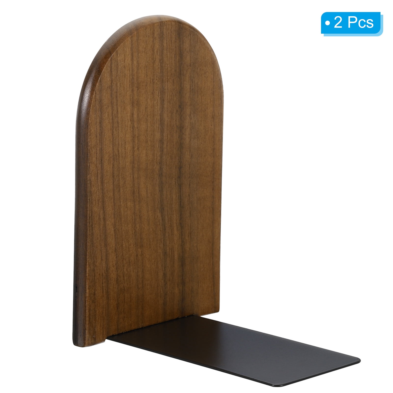 Unique Bargains Wood Bookend with Metal Base Non-skid Round Head Book Ends Walnut Wood