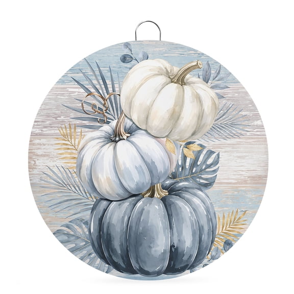 Welcome Sign for Front Door, Fall Thanksgiving Round Metal Wall Art Wreaths, Blue White Pumpkin Tropical Plants Rustic Outdoor Indoor Wall Hanging Sign for Porch Decor Housewarming Gifts 7.9 Inch
