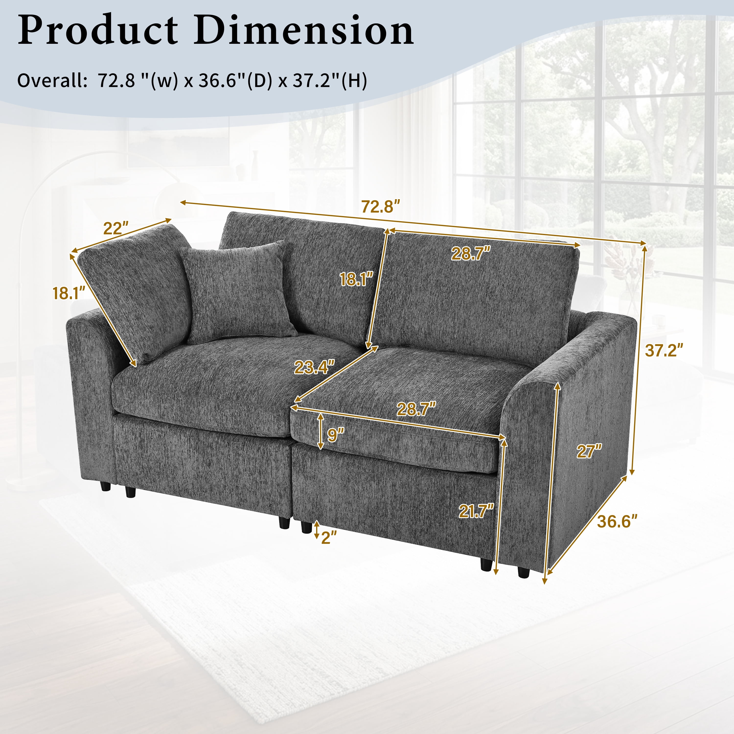 Howcool 72.8"W Modern Loveseat Sofa,Soft Chenille 2-Seater Sofa Couch with Deep Seat & Accent Pillow for Living Room,Apartment,Gray