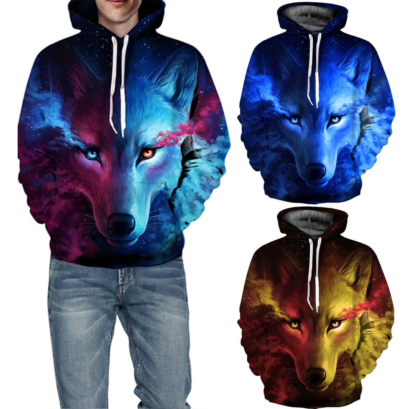 Wolf Howling Printed Hoodies for Men Pullover Hooded Shirts