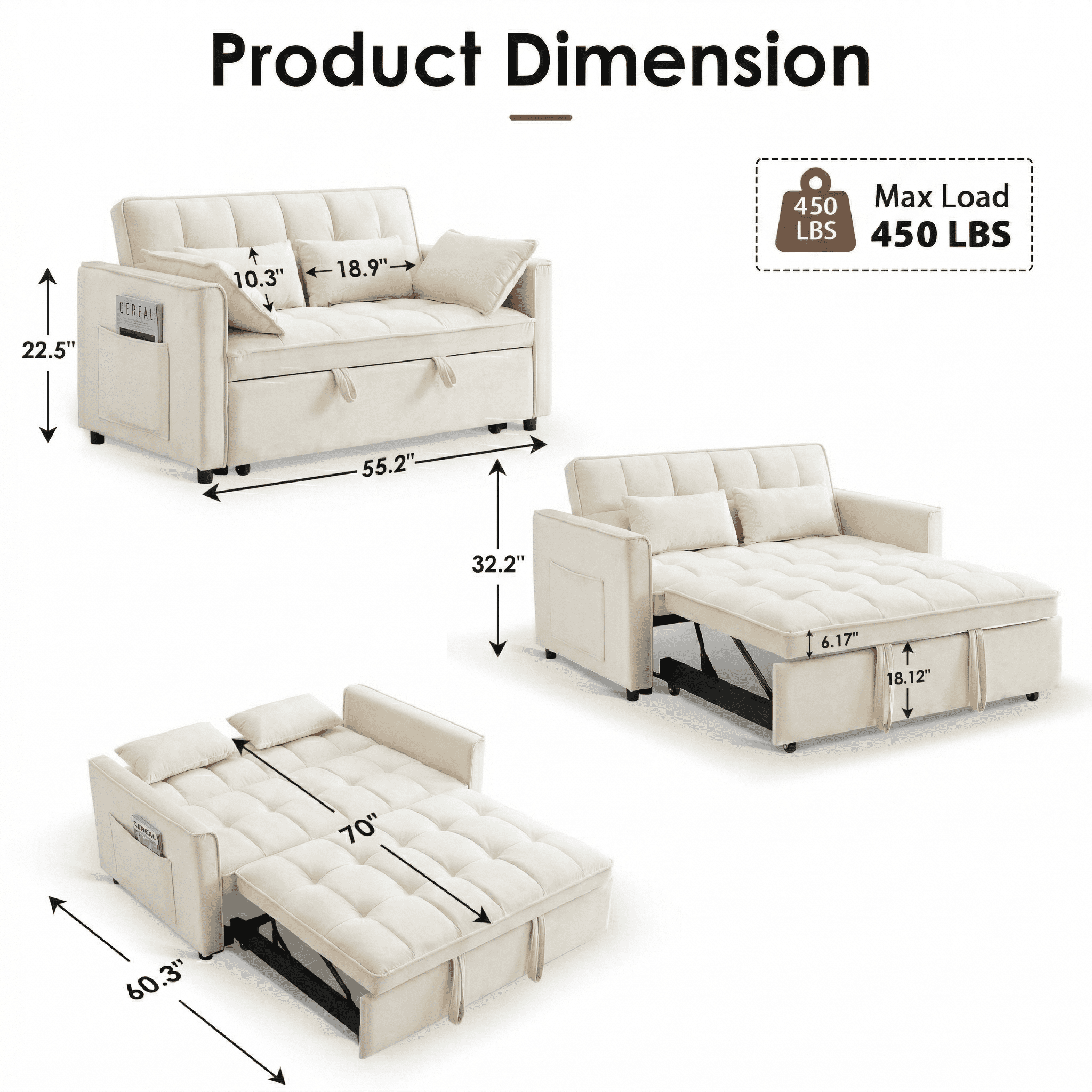 Avobird 3-in-1 Velvet Convertible Sleeper Sofa, Pull Out Couch Bed with Adjustable Backrest & Storage, Beige