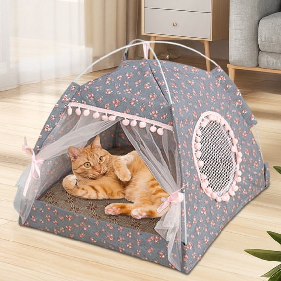 Plush Cat Tent Bed with Pom Pom Trim, Cozy Foldable Indoor Cat Cave House, Soft Enclosed Pet Shelter for Kittens Small Cats Washable Cat Bed for All Seasons