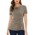 thumbnail image 1 of Camiseta básica casual de mujer con botones decorativos y fruncido en la parte delantera, de manga corta, talla XL, color marrón, 1 of 6