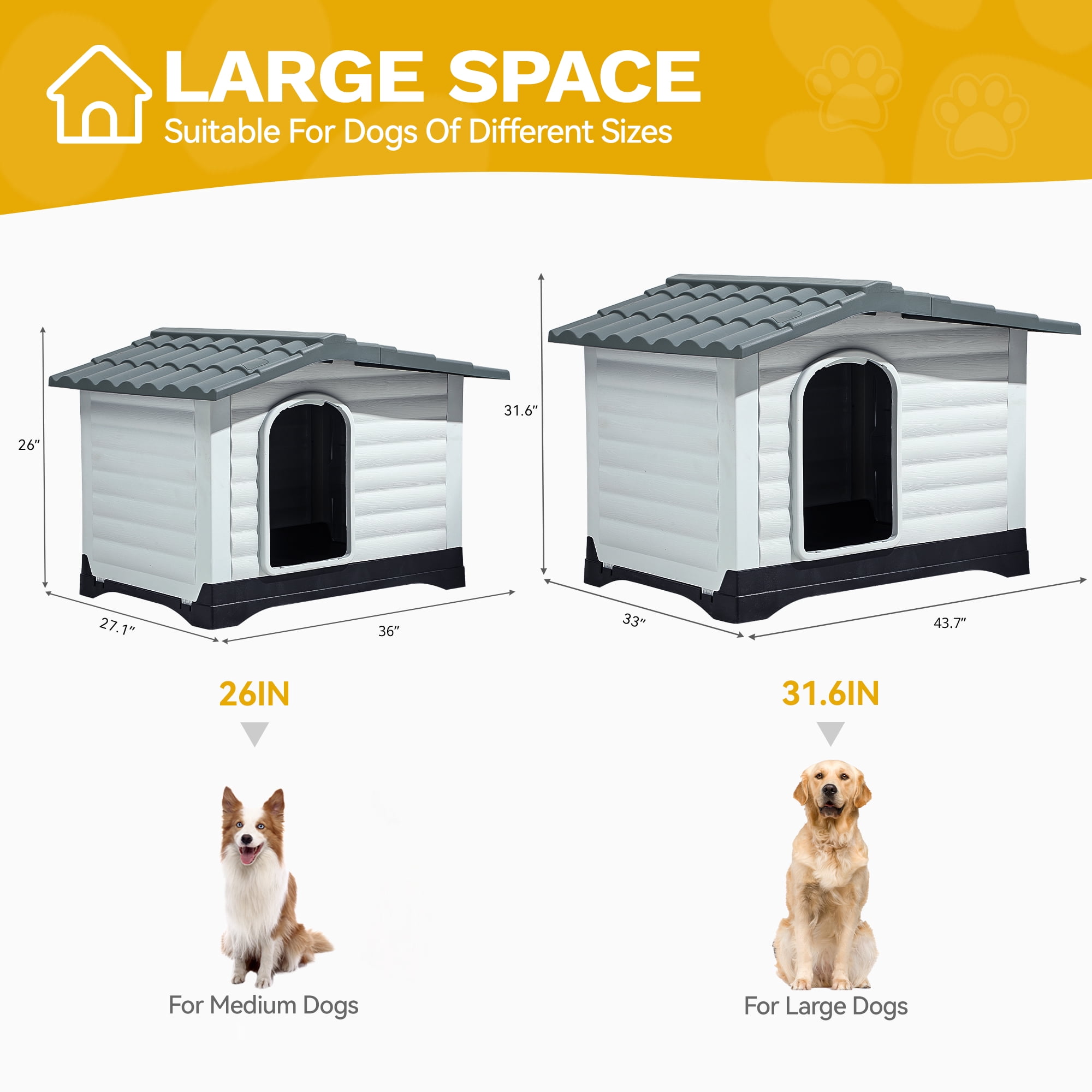 Dextrus Large Plastic Dog House,Outdoor Waterproof Double Door Dog Houses with Elevated Base and Porch & Cushion,Durable Ventilate & Easy Clean and Assemble,36"L*27.1"W*26"H,Gray