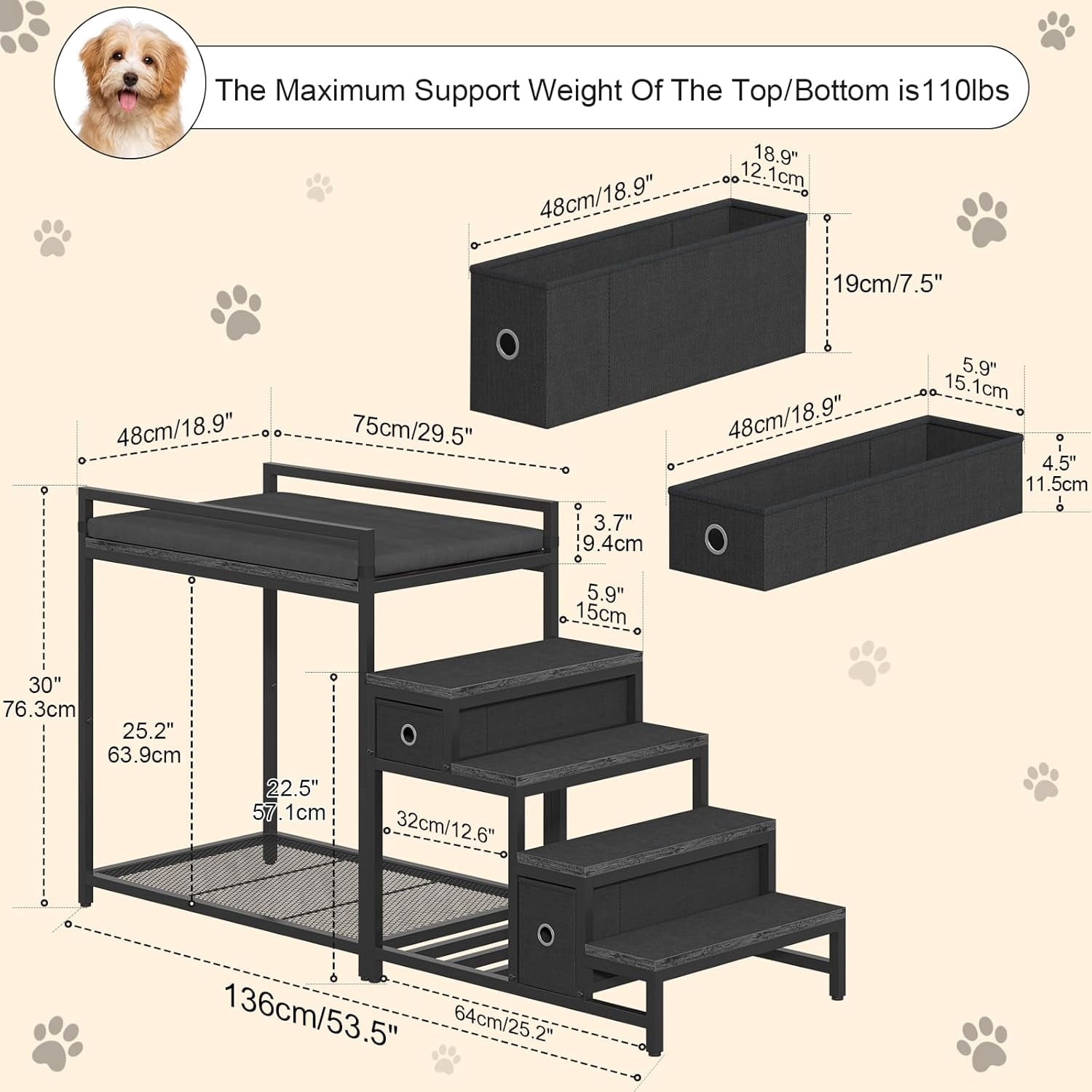 Dog Window Perch with Steps, Dog Bunk Bed Cat Windows Perch with Couch and 2 Fabric Drawer, Pet Bed and Pet Srairs Sets, Indoor Pet Furniture, Black