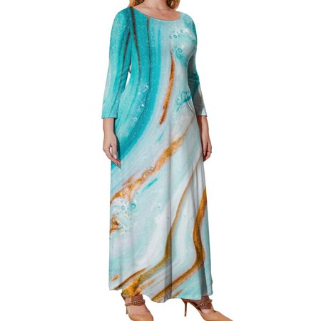 Myst Design Oversized Women's Long Sleeve Dresses, Beautiful Juicy Turquoise Paint Addition Long Plus Size Dress, Loose Fit Casual Maxi Dresses with Pockets, XL