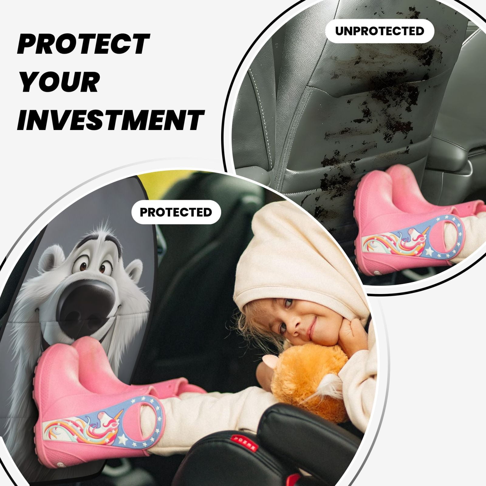 Kdxio Smiling Polar Bear Print 2 Pack Car Kick Mat Seat Cover Back Protector Mat with Pockets for Organizer Backseat Protector and Storage Anti Kick Pad for Vehicles