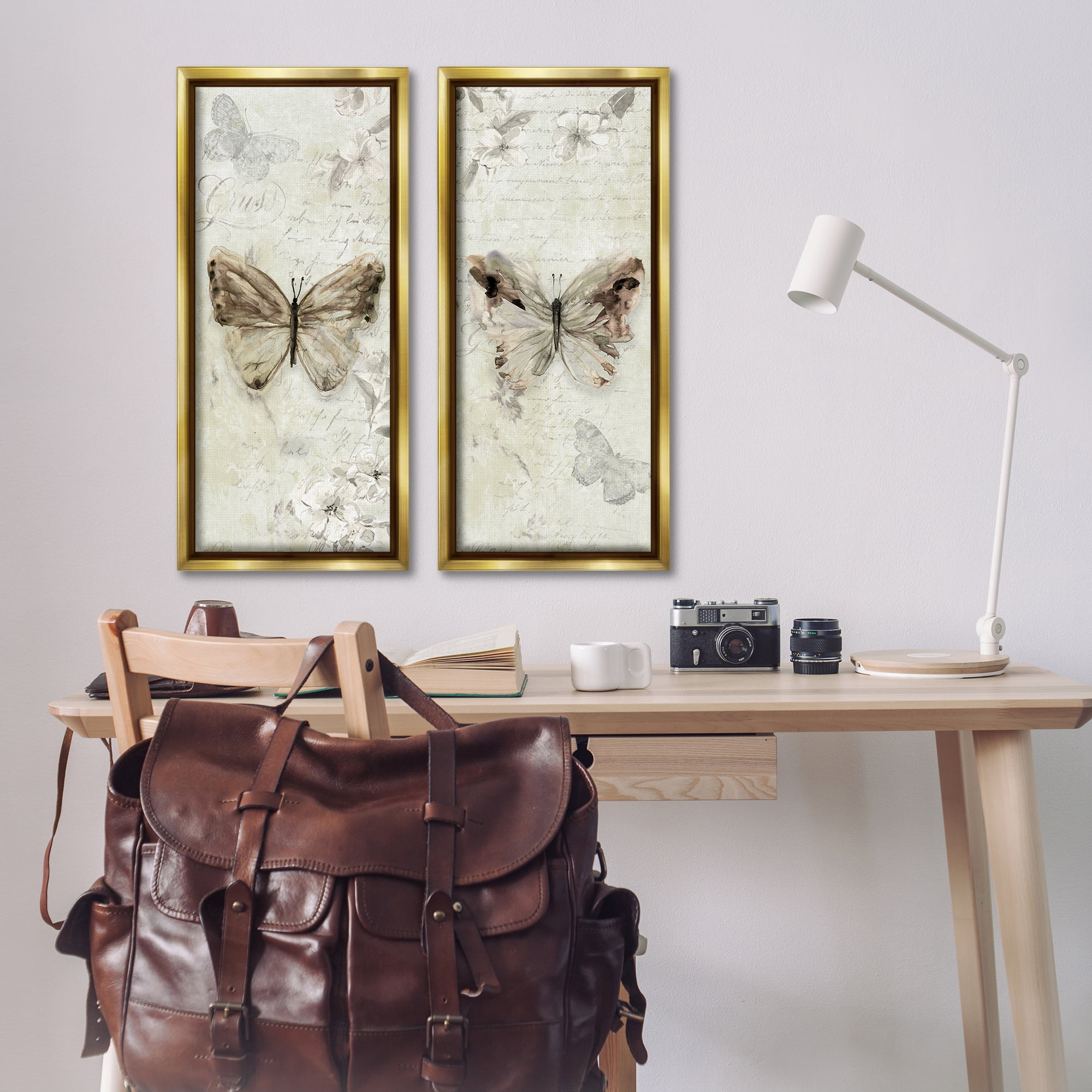 Stupell Industries Vintage Butterfly Scrapbook Page Animals Painting Gold Floater Framed Canvas Art Print Wall Art, 14 x 31, Set of 2