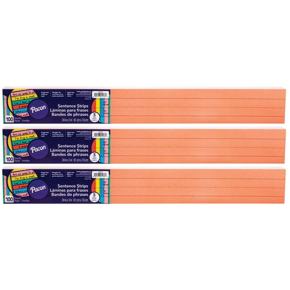 Pacon Sentence Strips, 5 Assorted Colors, 1-1/2" Ruled, 3" x 24", 100 Strips Per Pack, 3 Packs