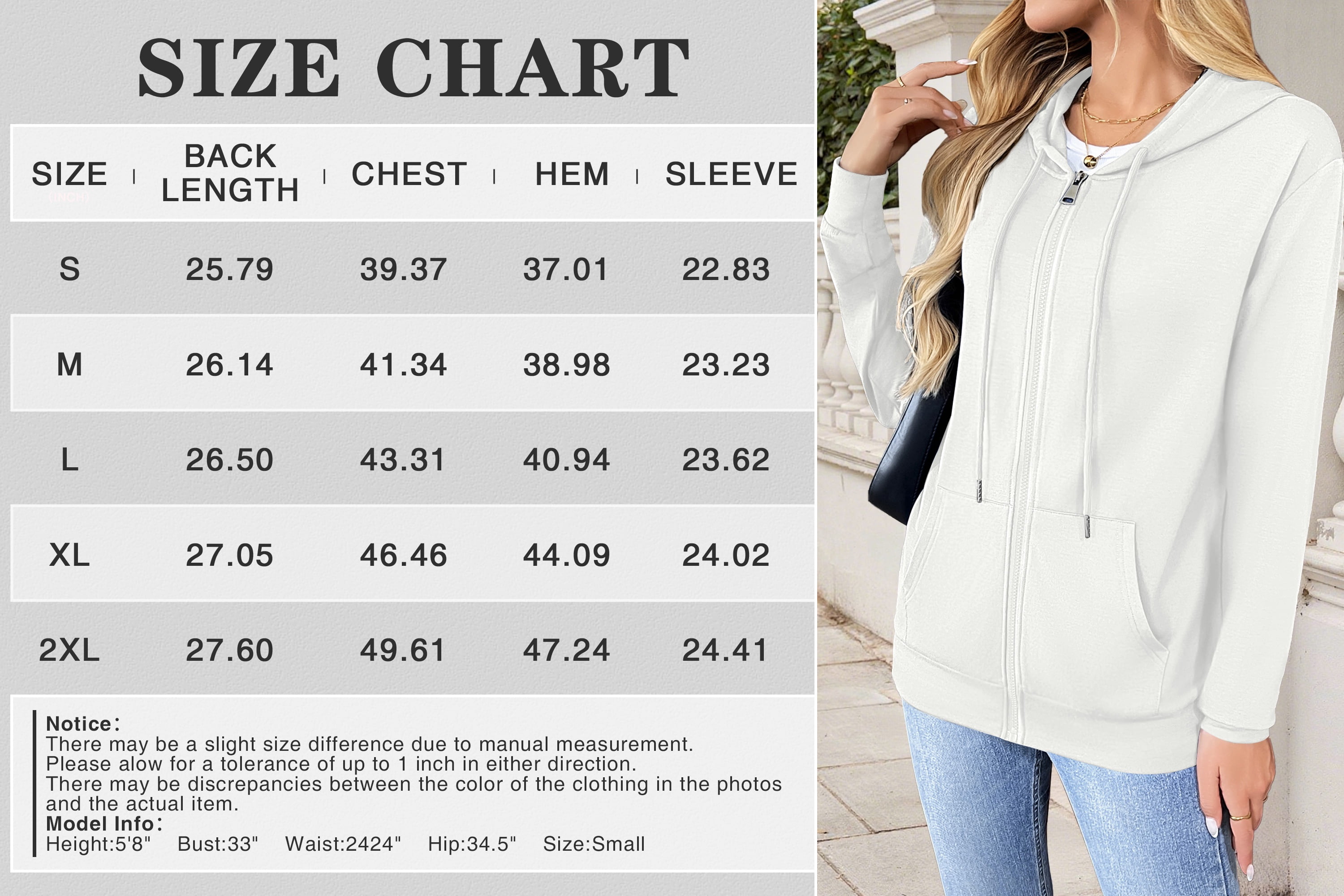 HOWCOME Women Casual Full Zip Up Hoodie - Lightweight Long Sleeve Sweatshirt Jacket with Pockets Fall/Winter Jacket, White 2X-Large