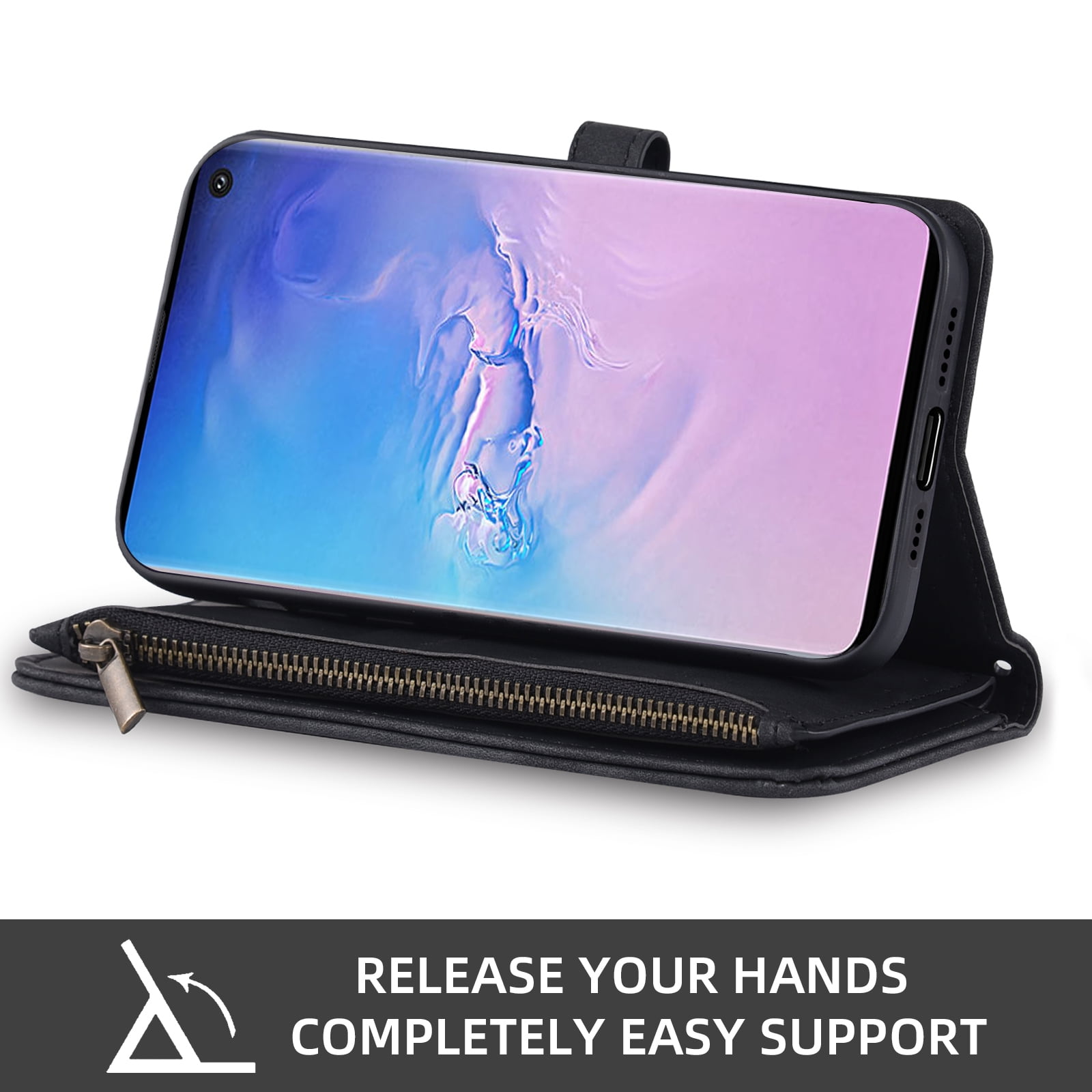 Asuwish Phone Case for Samsung Galaxy S10 Wallet Cover With Tempered Glass Screen Protector Crossbody Wrist Strap Flip Pattern Zipper Credit Card Holder Stand Cell S 10 Edge 10S GS10 X10 Women Black