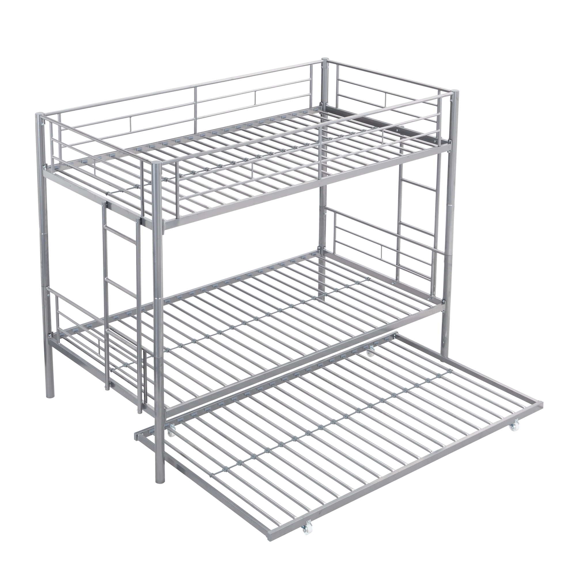 Twin Over Twin Bunk Bed with Trundle,Metal Bed Frame for Kids Adults Teens,Heavy Duty Metal Bed Frame with Safety Rail Side Ladders,Can Be Divided Into 2 Twin Beds with Trundle,Silver
