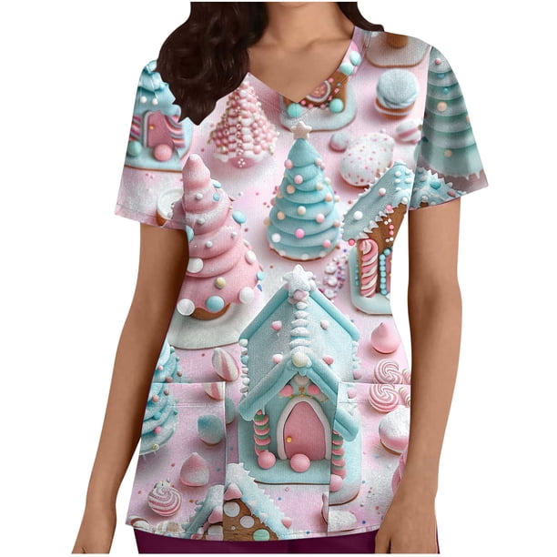 Tops Cortos para las Mujeres Impreso Bolsillo V-Cuello Enfermera Estilo Blusa, Casual Y Cómodo Manga Corta Superior