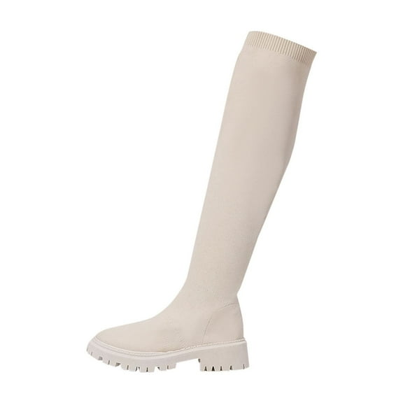 Beige Ladies Casual Mesh Elastic Boots Featuring Round Toe And Chunky Low Heel For Winter Stretch Comfort