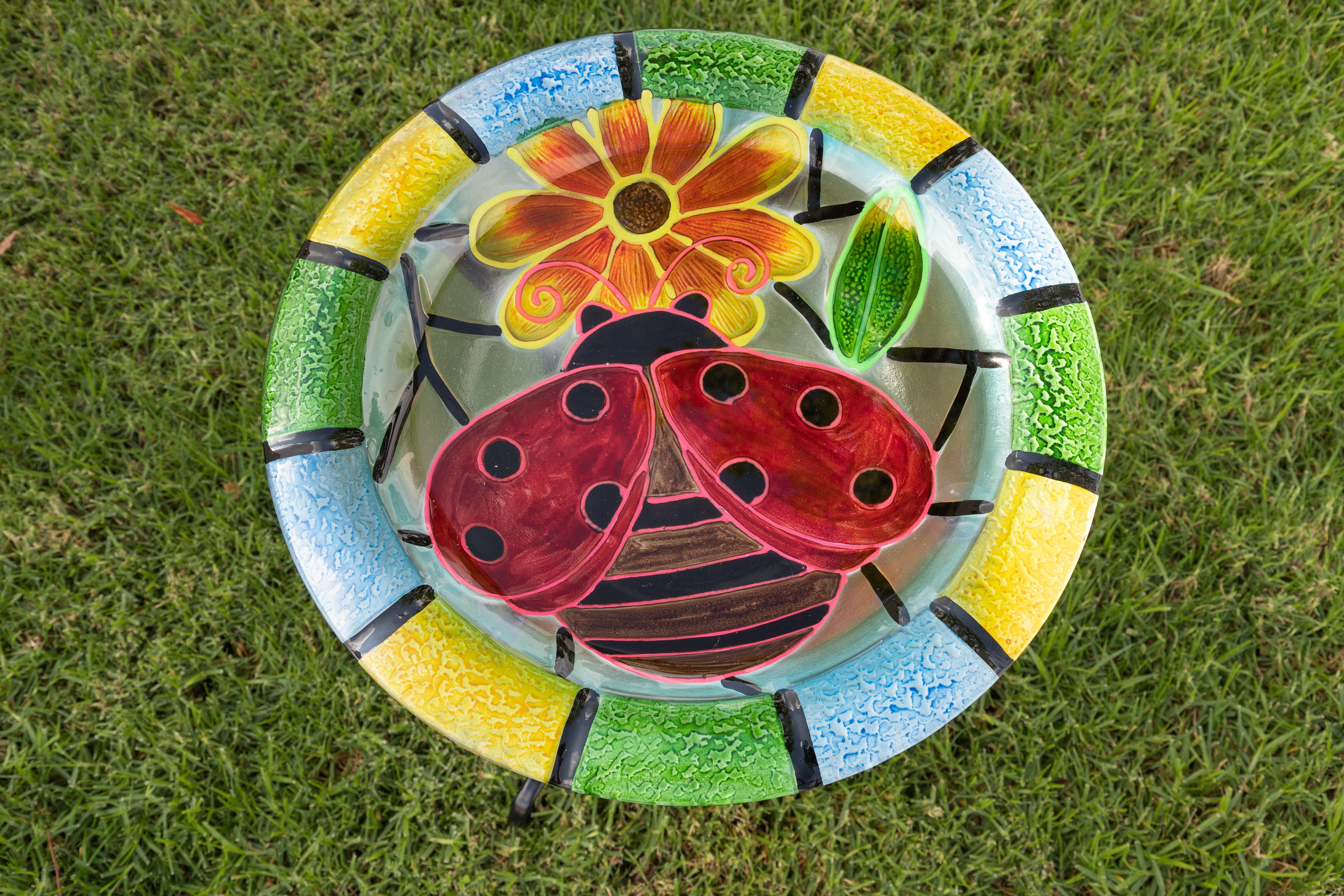 Alpine Corporation 18 Inch Glass Glow In The Dark Ladybug Bird Bath Walmart Com Walmart Com