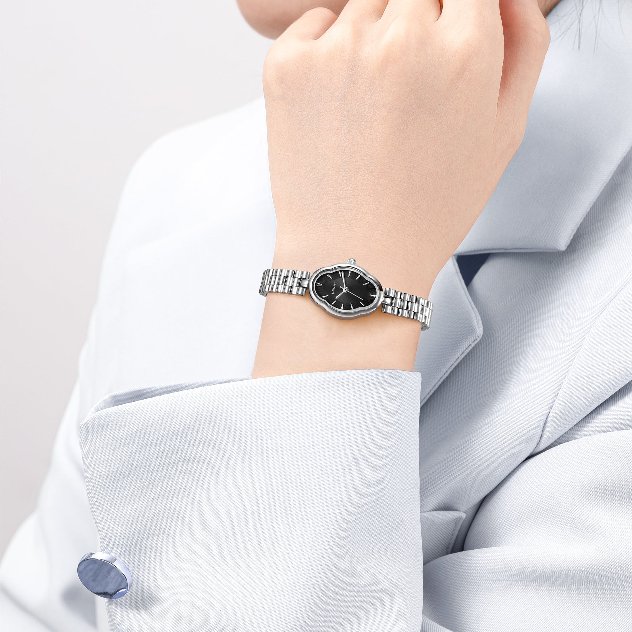 BERNY Small Silver Watches for Women Dainty Vintage Ladies Analog Quartz Bracelet Watch, Adjustment Tool Included Stainless Steel Waterproof, Fashion Luxury Womens Wrist Watches Gifts (Black)