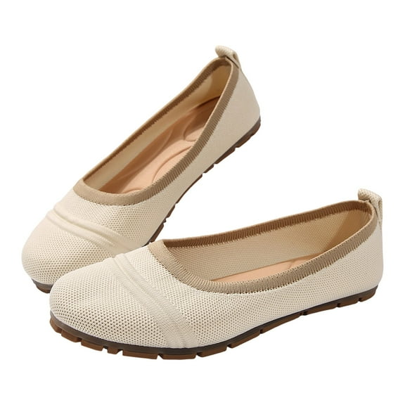 XIMIN Women's Foldable Packable Ballet Flats Wide Toe Box Casual Non Slip Breathable Knit Dress Shoes Dressy Business Work Walking Everyday Wear (6.5, Beige)