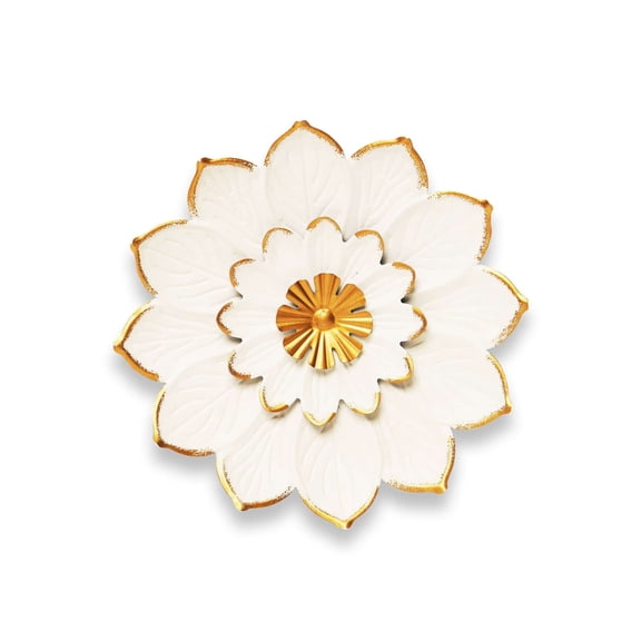 G128 9 IN White and Gold Metal Flower Wall Art | Elegant Floral Wall Hanging Decor for Indoor Living Room Bedroom Office Outdoor Garden Patio Yard