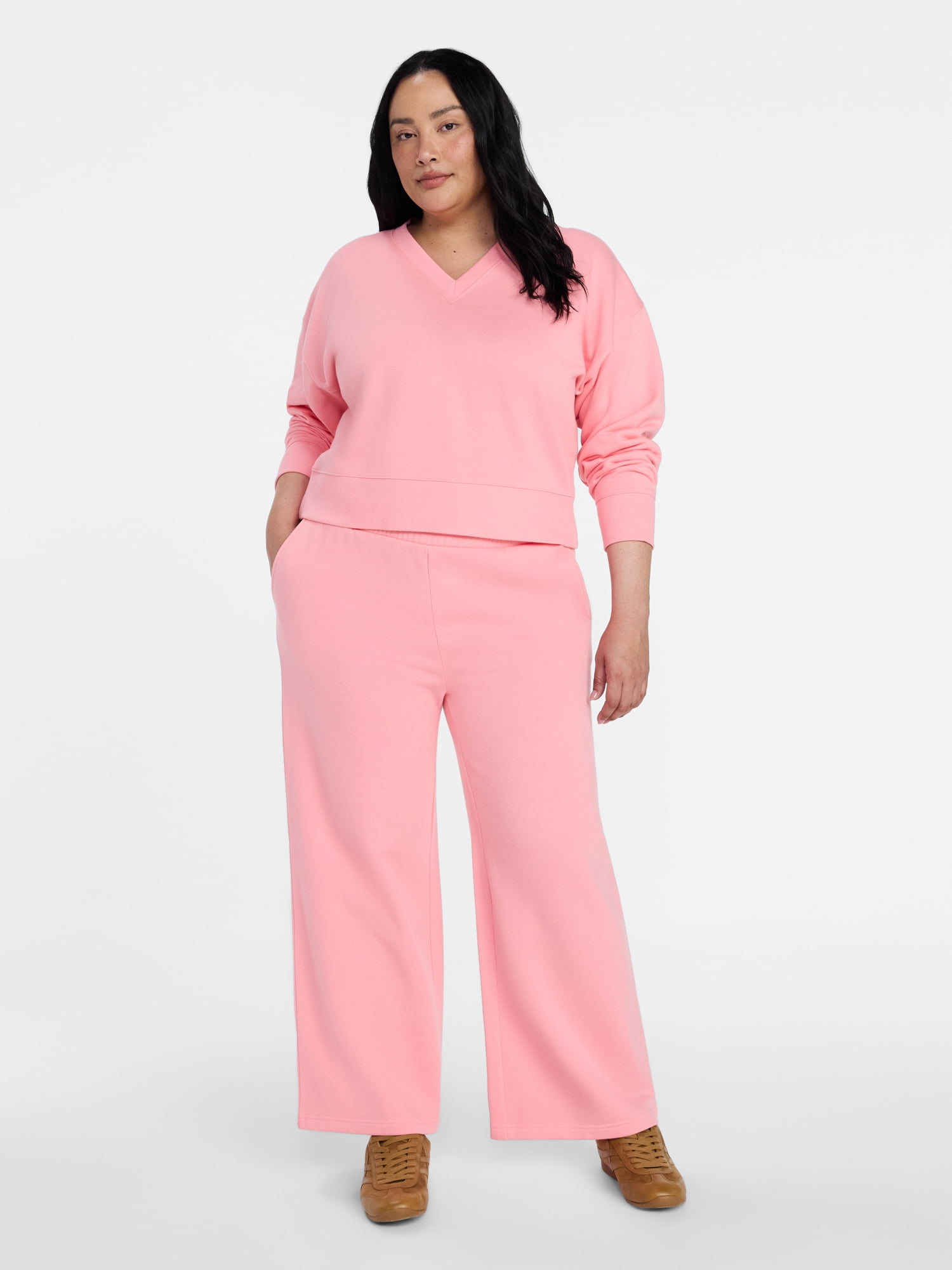 Time and Tru Women's and Women's Plus V-Neck Sweatshirt and Pants Set, 2-Piece, Sizes XS-4X