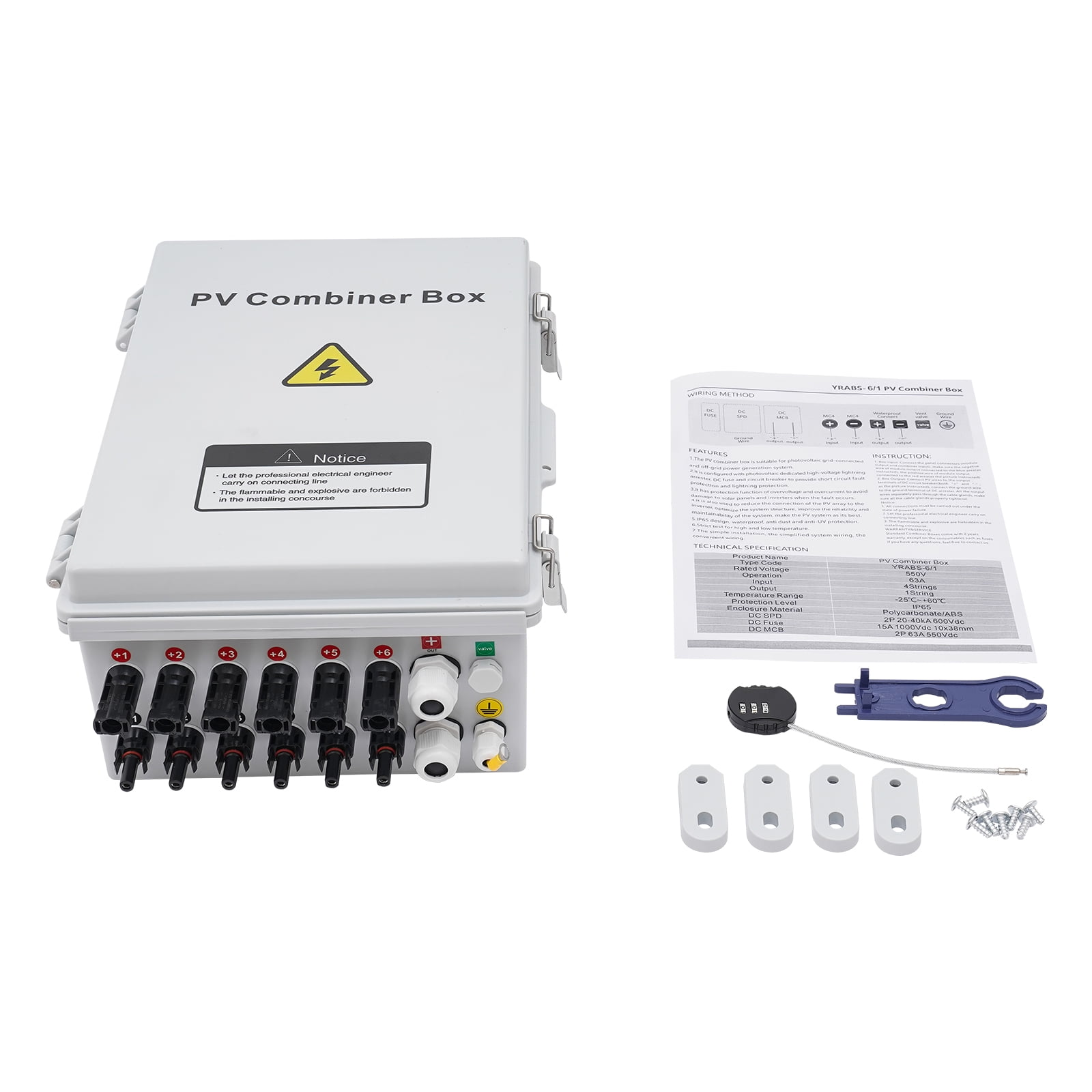 6 String Solar PV Combiner Box, Waterproof 63A Circuit Breaker Junction Box for On/Off Grid Solar Panel System