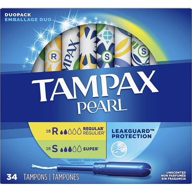 Tampax Pearl Duopack Plastic Tampons Regular and Super, Unscented, 34 Ea