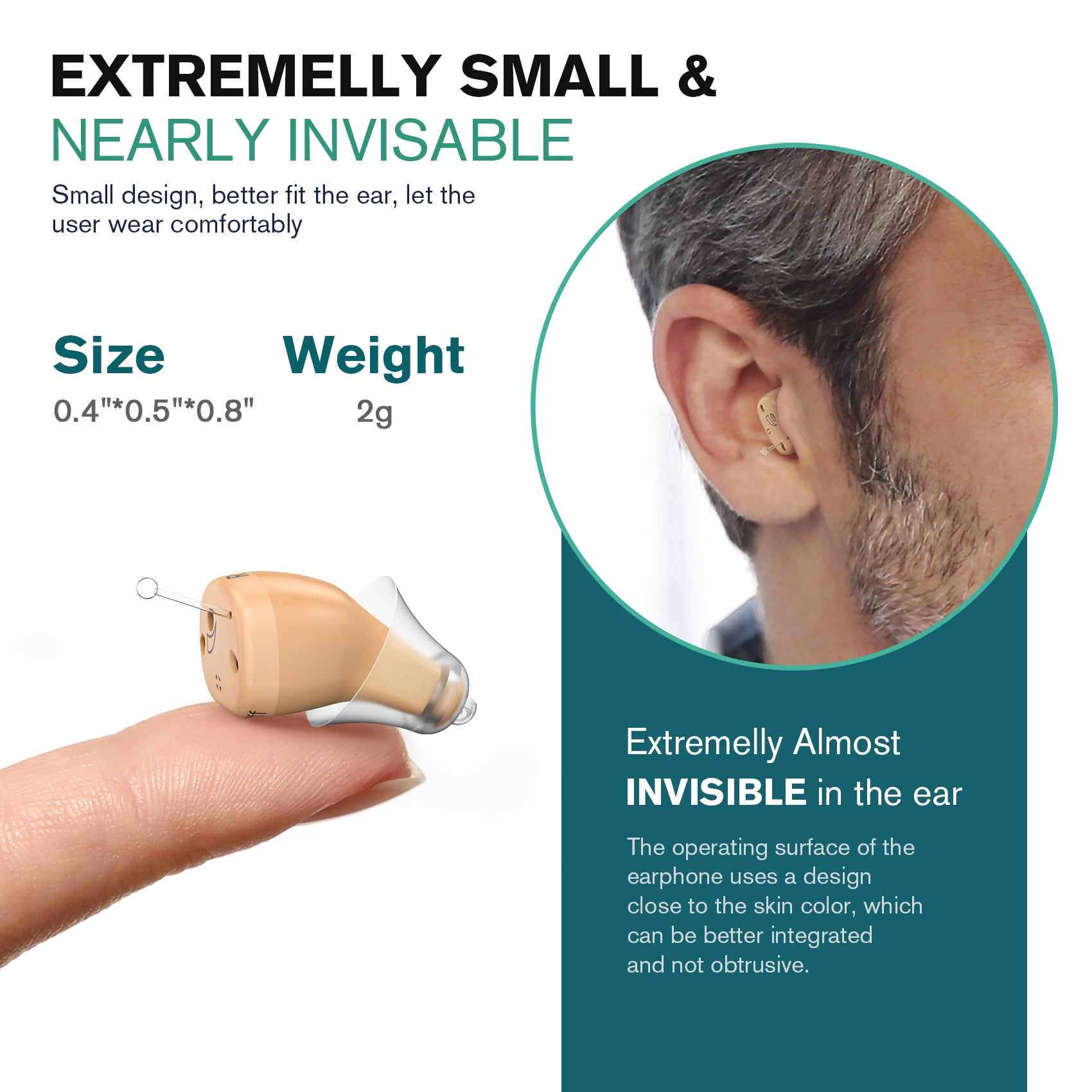 iBstone HA-K19 Rechargeable hearing aids, Completely-in-Canal (CIC) Mini aid for Seniors & Adults, Good Gift for Mother's Day, Beige, Pair