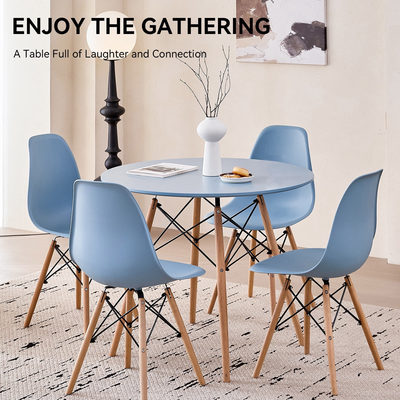 5 Piece 31.5'' Round Dining Table Set for 4, Kitchen Table & Chairs Set of 4, Mid-Century Modern Table W/ 4 Chairs for Home, Living Room, Apartment, Wood Legs, Metal Frame, Blue