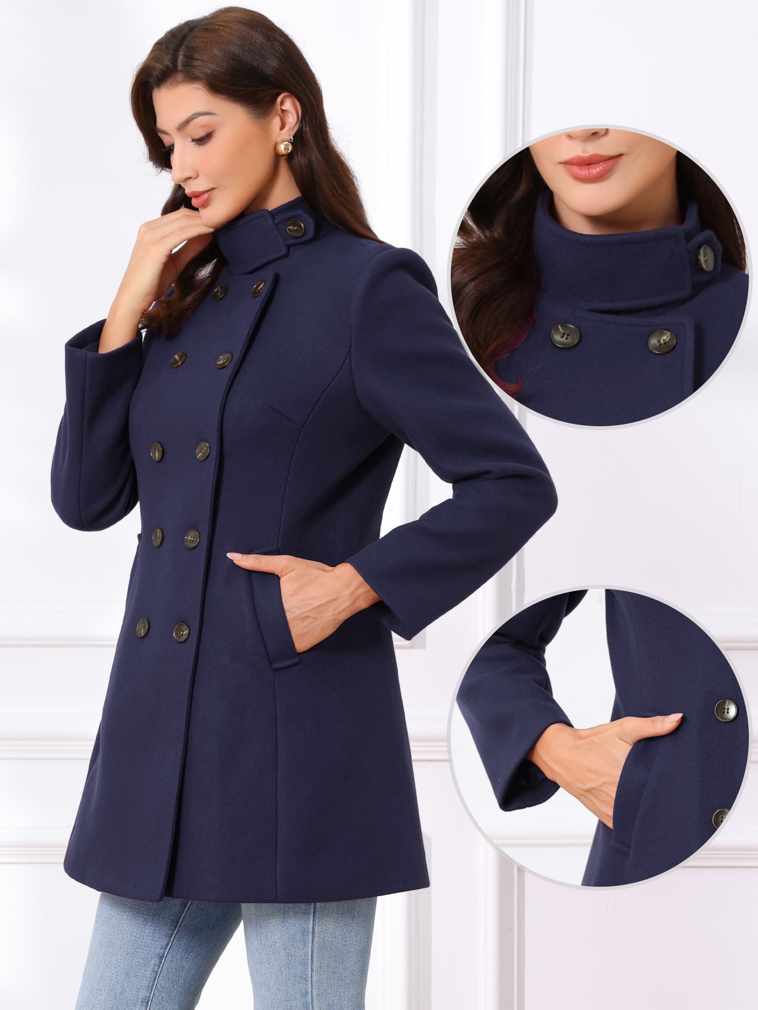 DARING DIVA Women's Winter Trench Stand Collar Pea Double Breasted Overcoat L Dark Blue