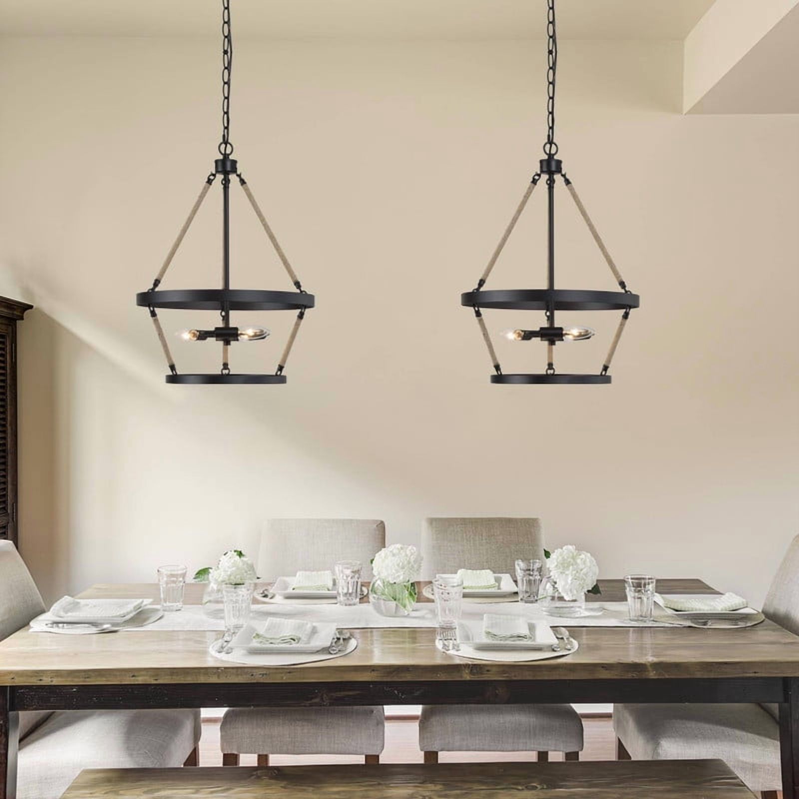 LNC Claunifer 3-Light Matte Black Farmhouse Pendant with Rope Accents
