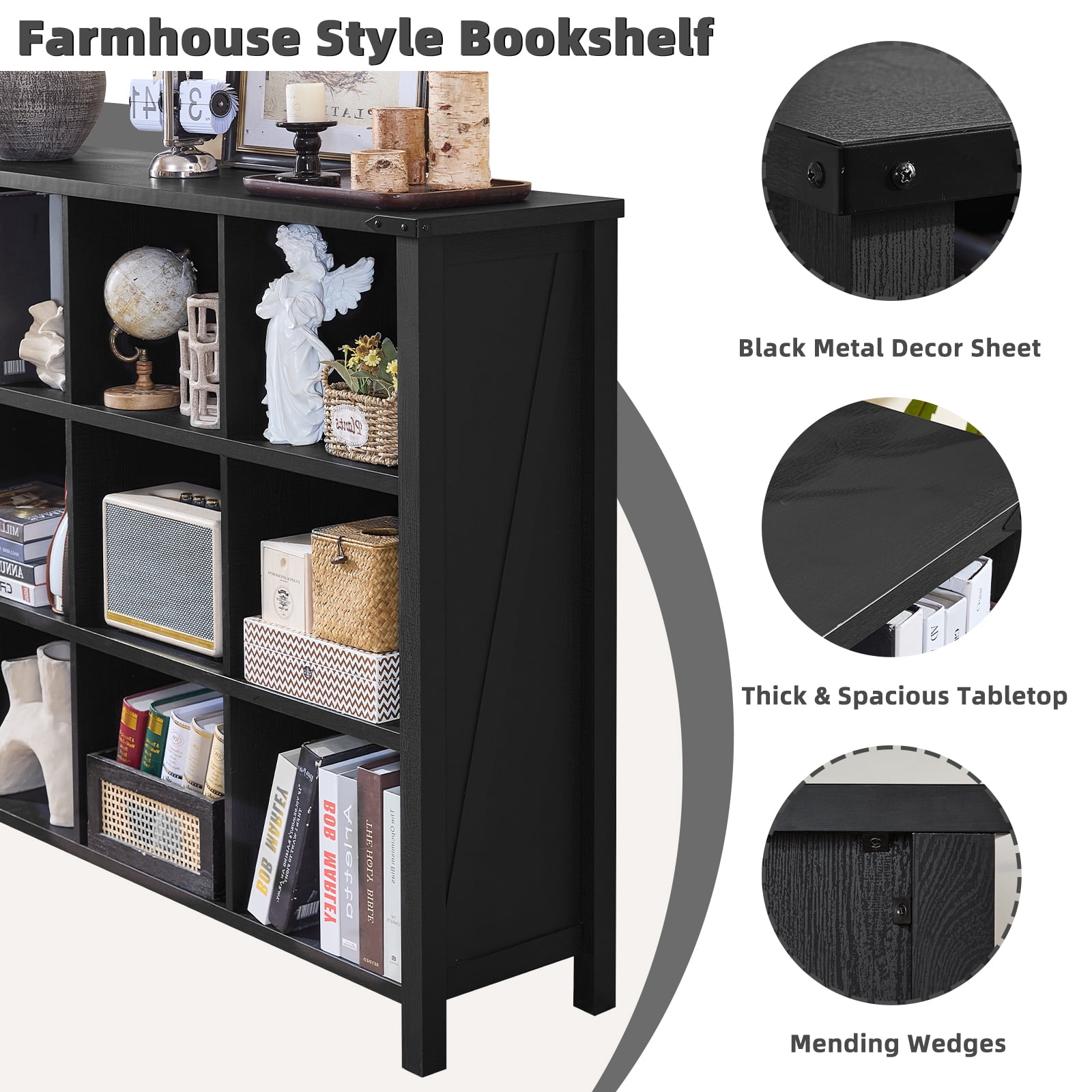 Joaxswe 12-Cube Bookcase and Bookshelves, 62'' Width Open CD Display Storage Rack, Vintage Cubby Cabinet for Living Room, Black