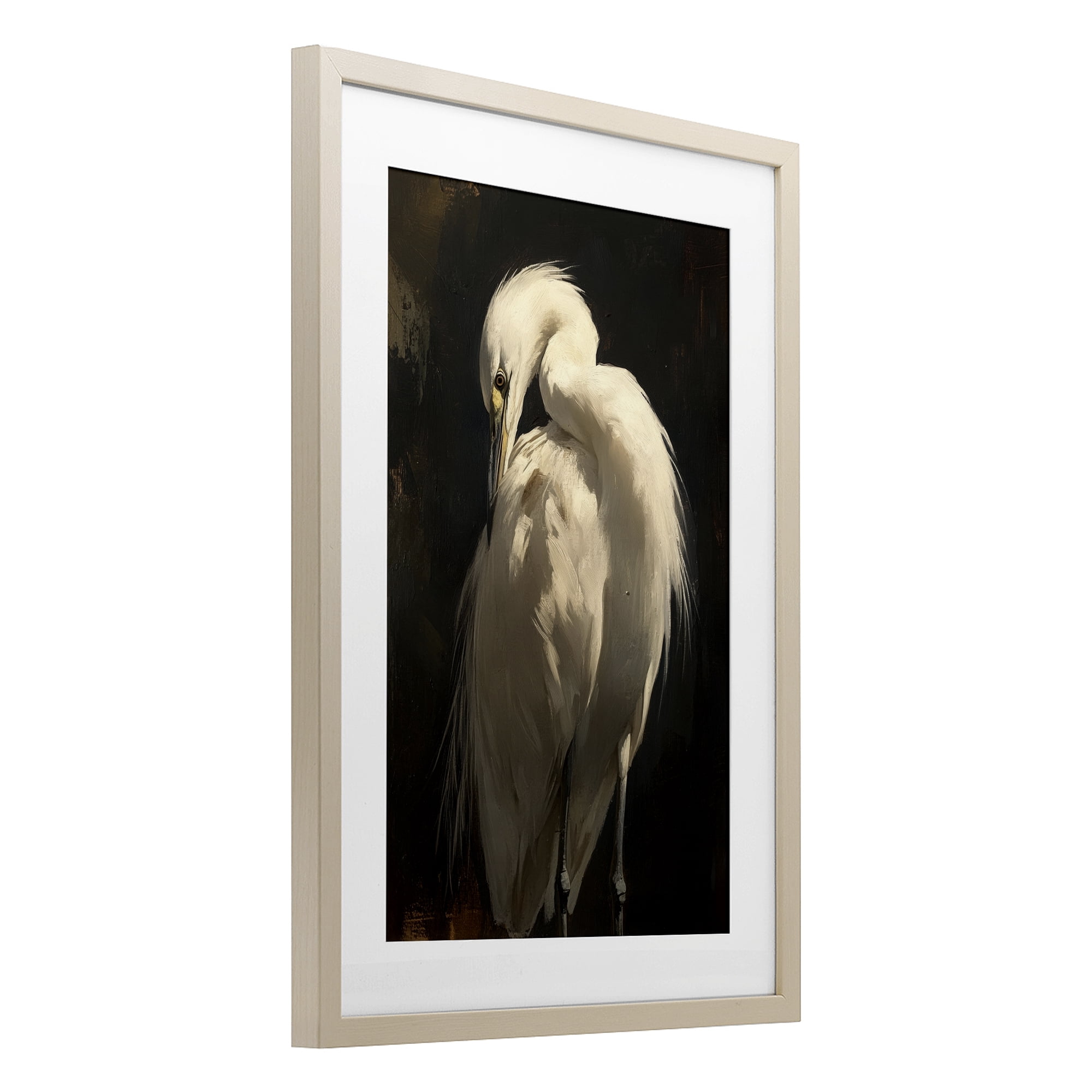 Stupell Industries Feathered Egret in Soft Light Birch Framed Print Under Glass, design by Petal Prints Design