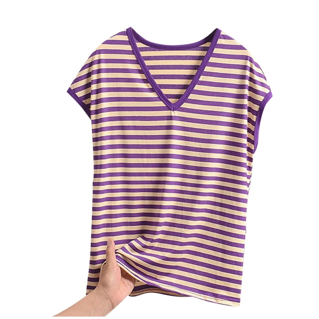 YABCSAZ Pyjama Léger Rafraîchissant d'Été pour Femmes, Mode Décontractée Ample à Rayures Col en V Édition Mince Manches Courtes, Liquidation d'Été de Noël!