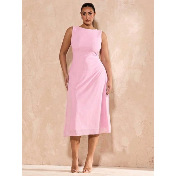 Baby Pink Plus Size Sleeveless Mid-Length A-Line Bodycon Dress With Ruched Detail