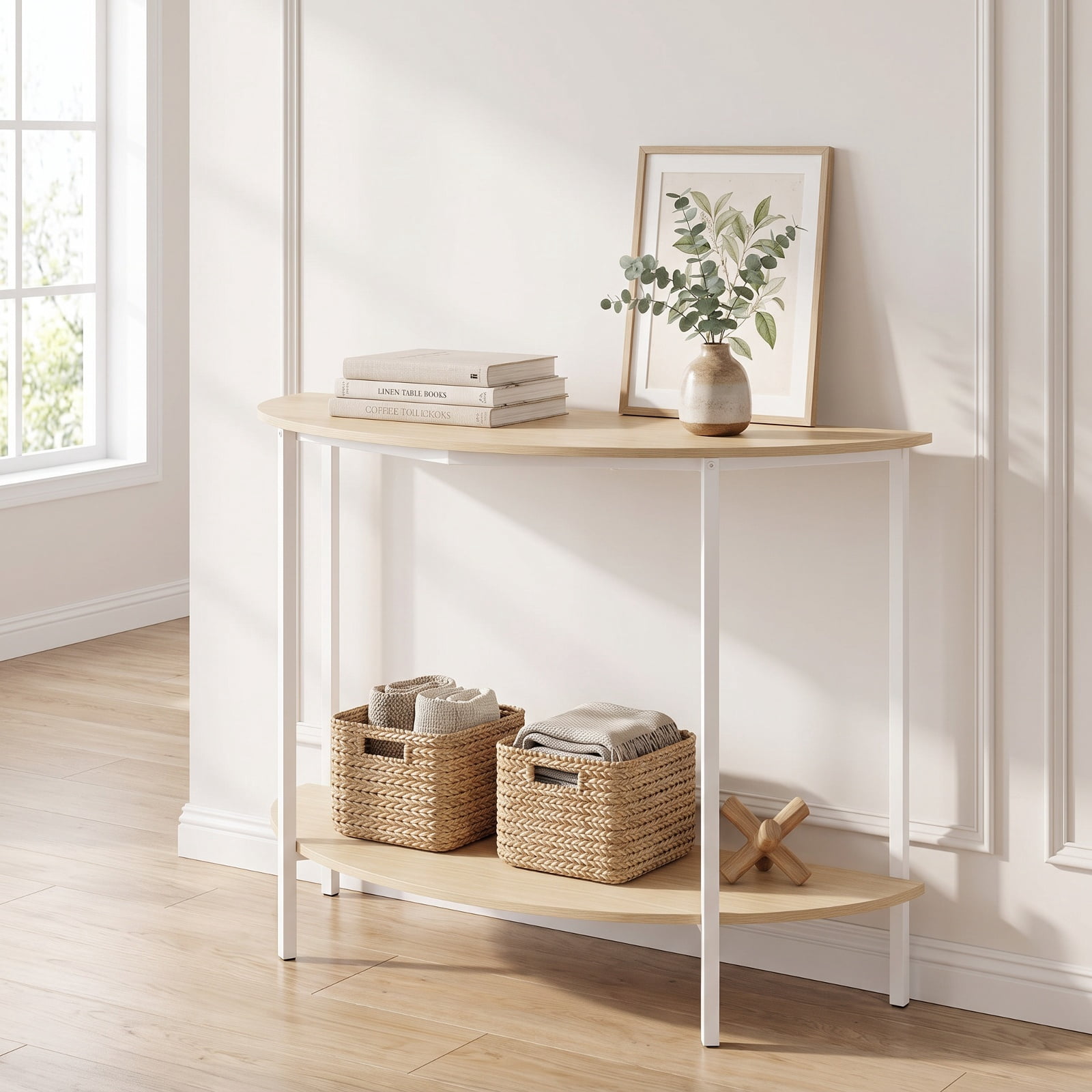 Furnibear Half Moon Console Table 40 Inch 2 Tier Entryway Table with Storage Shelf and Metal Frame for Foyer Hallway and Living Room, Oak