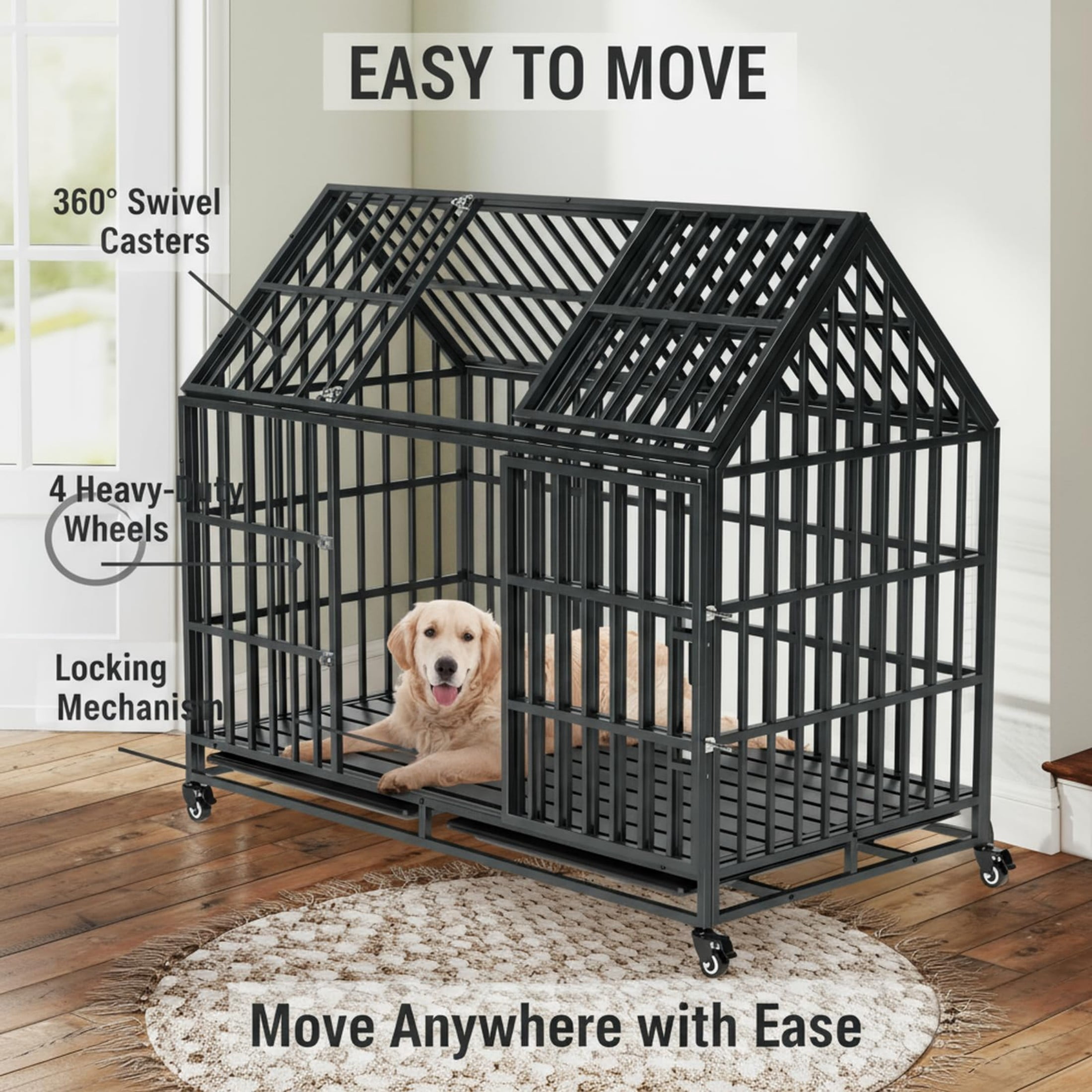 Indestructible Dog Crate with Divider – 54 Inch Heavy Duty Indoor Dog Kennel for Large Dogs, Steel XL Dog Cage with Double Door, Wheels & Removable Tray, Black