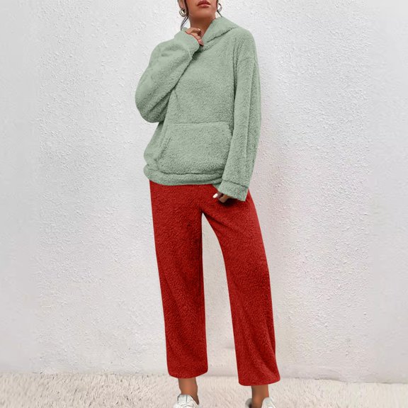 Mifsaly Pajama Sets for Women 2 Piece Fuzzy Fleece Hooded Sleepwear Warm Winter Pjs with Pockets Long Sleeve Plus Size Nightwear Thermal Soft Cozy Pants 2025 Going Out Daily Loungewear
