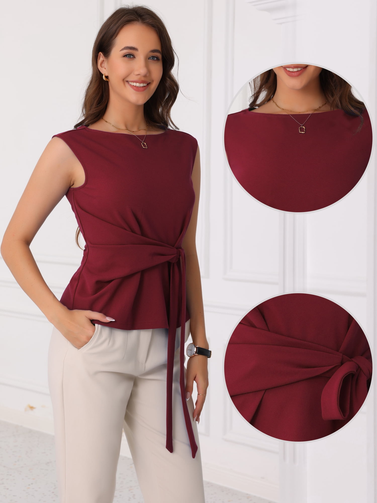 DARING DIVA Women's Elegant Side Tie Wrap Cap Sleeve Blouses XS Burgundy
