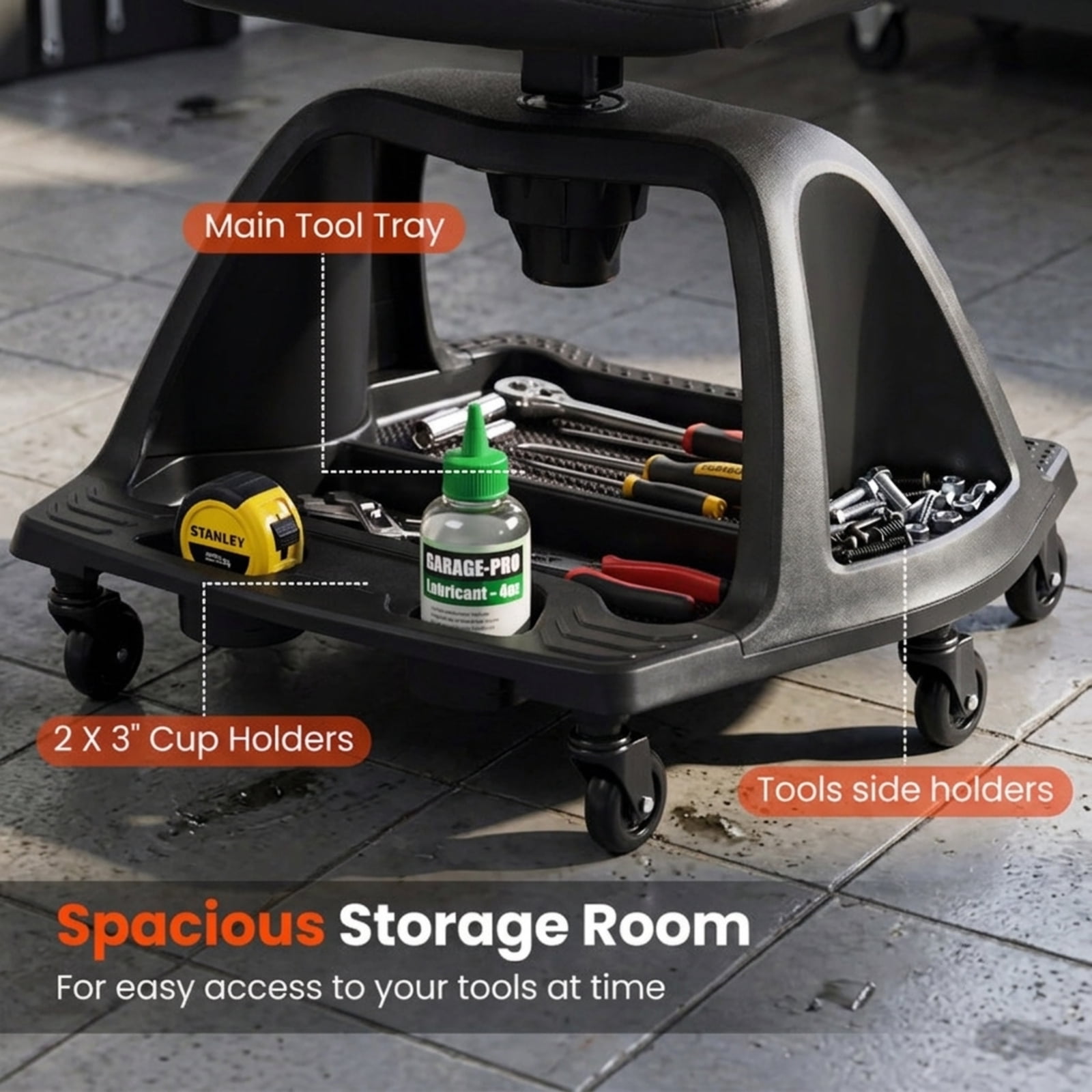 Biotree Rolling Mechanic Stool 29.5" x 23" Adjustable Height Shop Seat for Garage with Tool Tray for Garage Shop, Red
