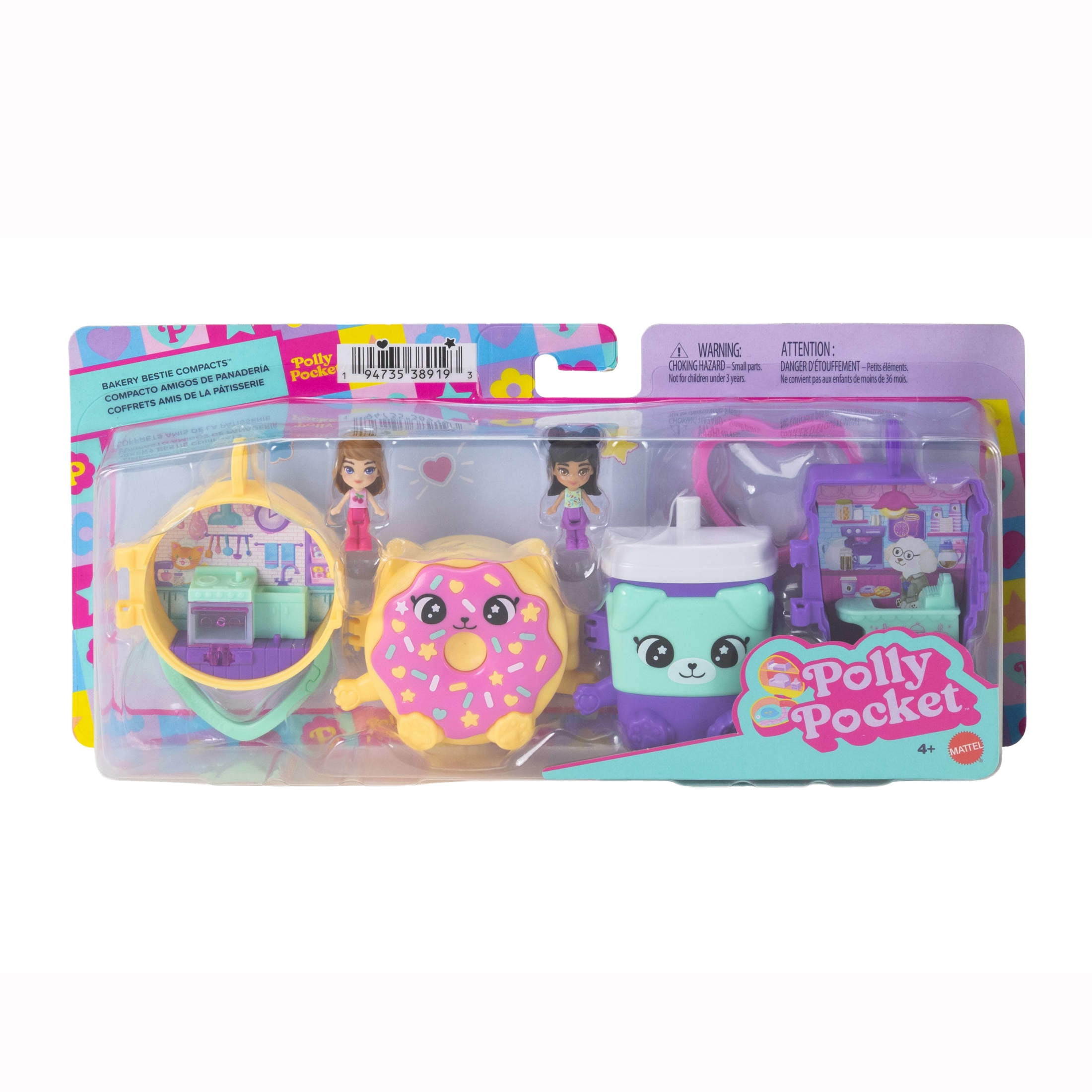 Polly Pocket Doll & Mini Compact Duo, Food-Themed Micro Playsets with 2 Dolls & 2 Keychain Clips