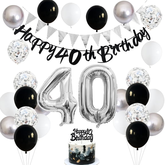 40th Birthday Decorations for Women Men - Black, Silver, White Balloons, Happy Banner, Cake Topper, Number 40 Foil Balloon for 40 Year Old Party Decor