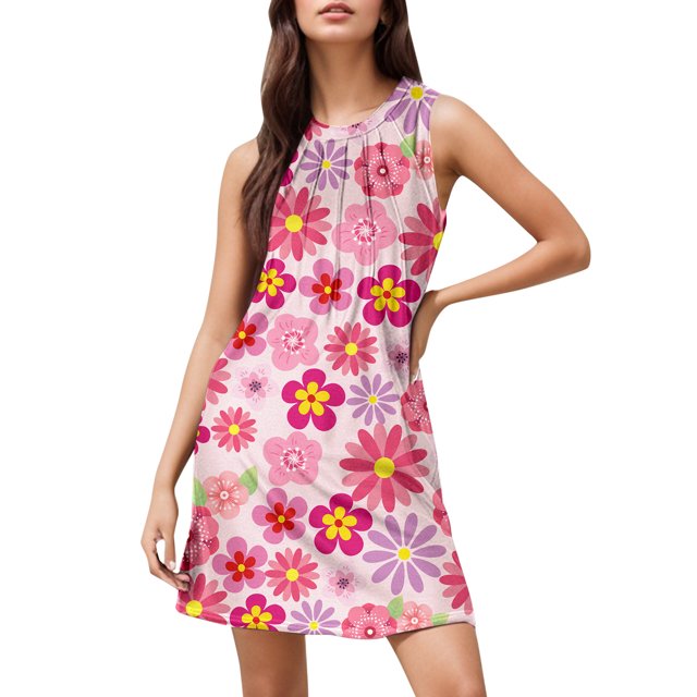WILLBEST Vestidos De Verano Para Mujer, Vestido Informal De Verano Con Estampado Para Playa, Elegante, Flotante, De Longitud Media, Con Cuello Redondo Y Sin Mangas